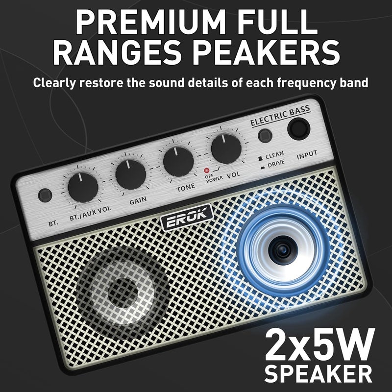 EROK Mini Bass Amp, Portable Amplifier with Clean/Drive Dual Channels, 3.5mm Headphone/AUX Input, Compact Design for Practice & Small Gigs - Image 2